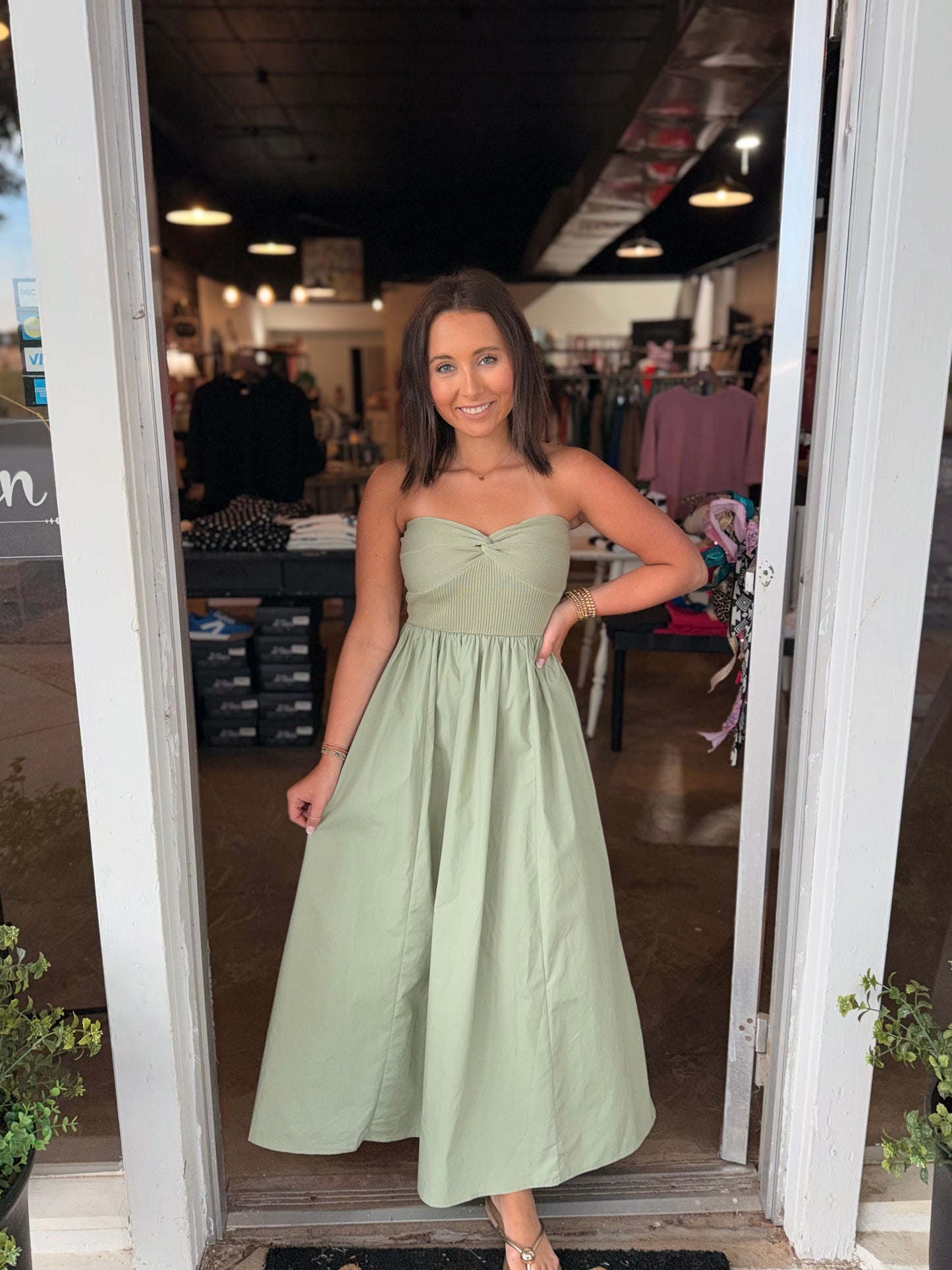 Strapless Twist Olive Dress