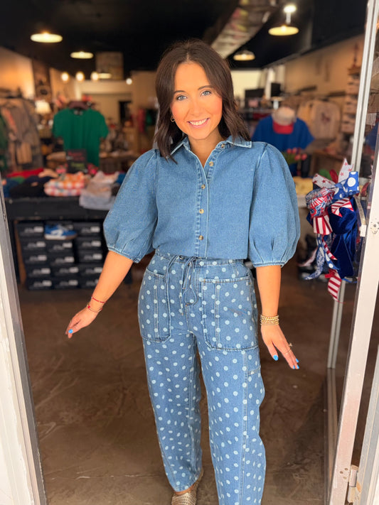 Washed Denim Puff Blouse