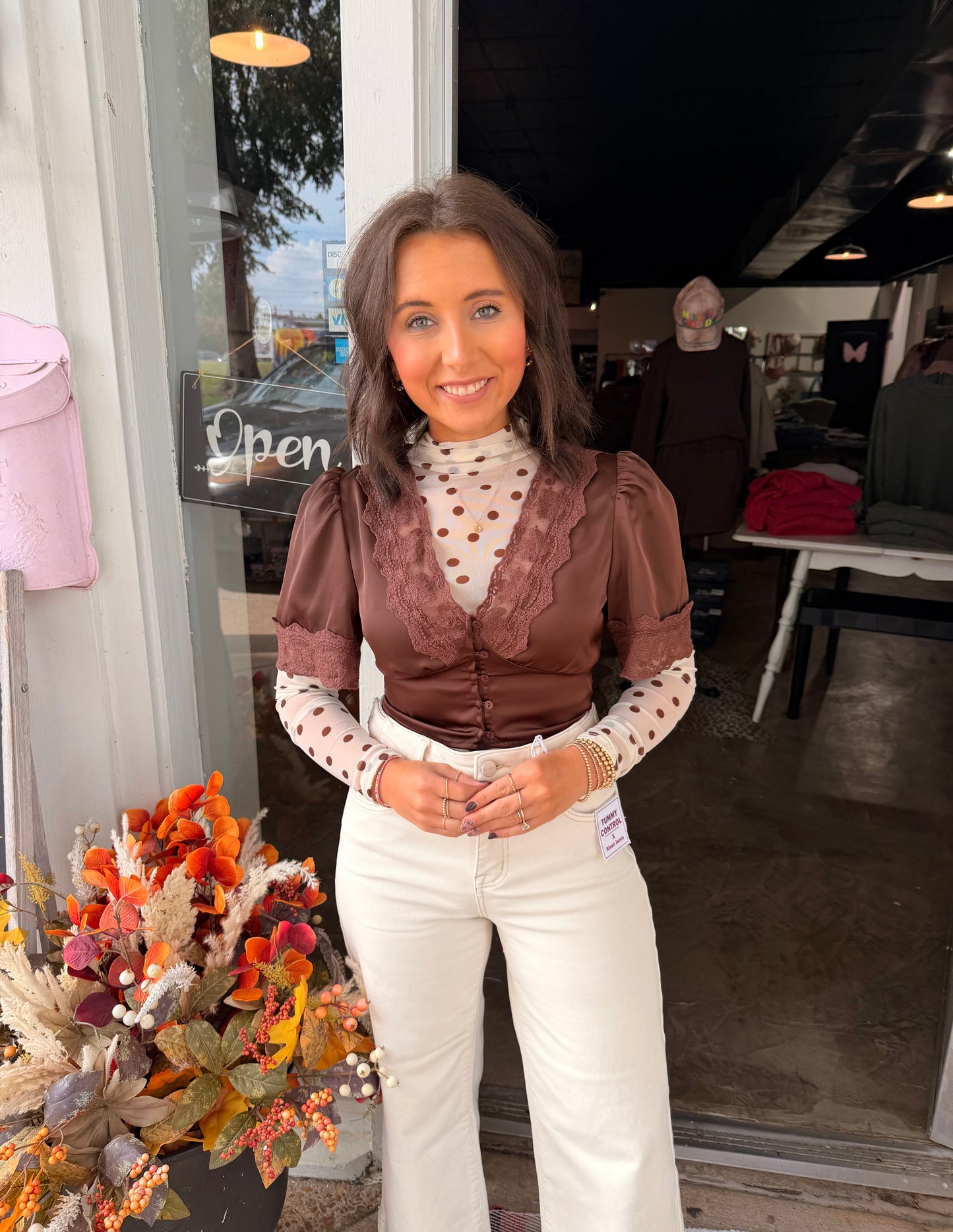 Satin Lace Trim Button Down