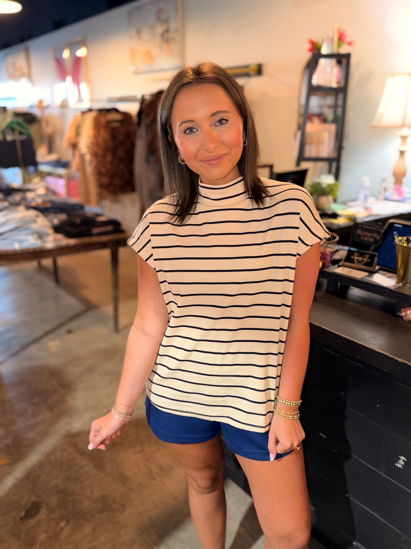 Navy Khaki Stripe Mock