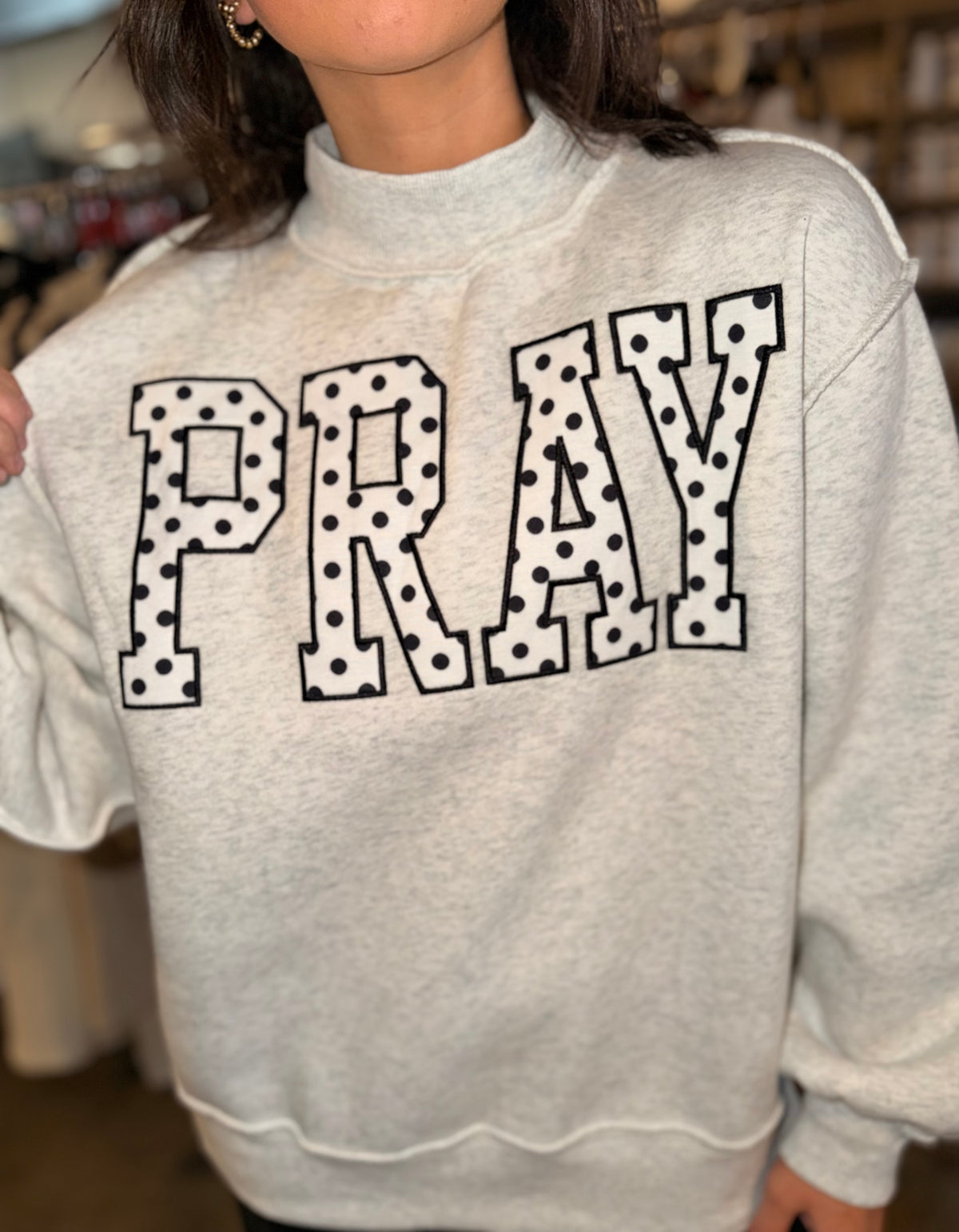 Pray Embroidered Dot Mockneck