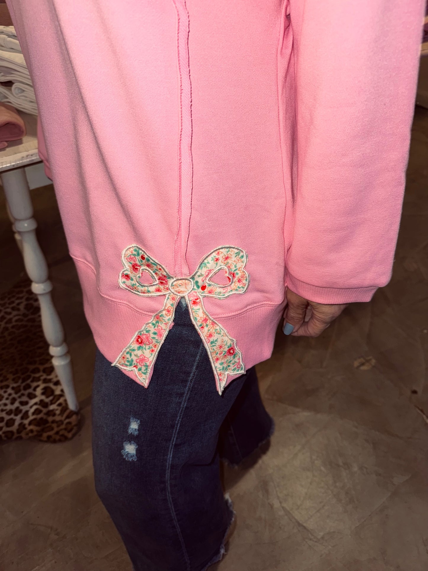 Bow Patchwork Slit Crewneck