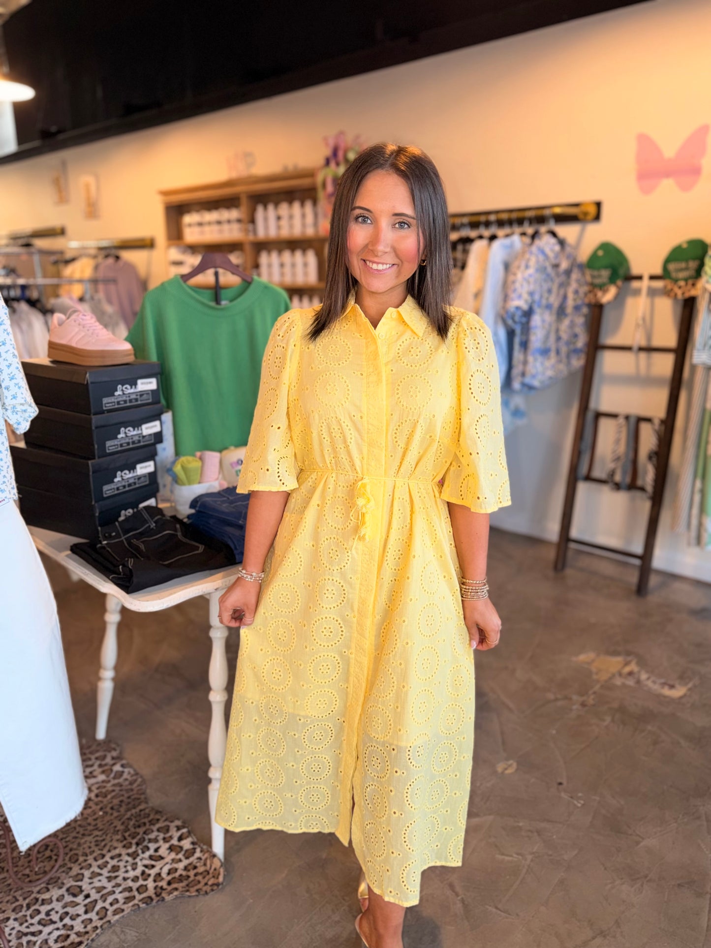 Eyelet Collared Midi Dress