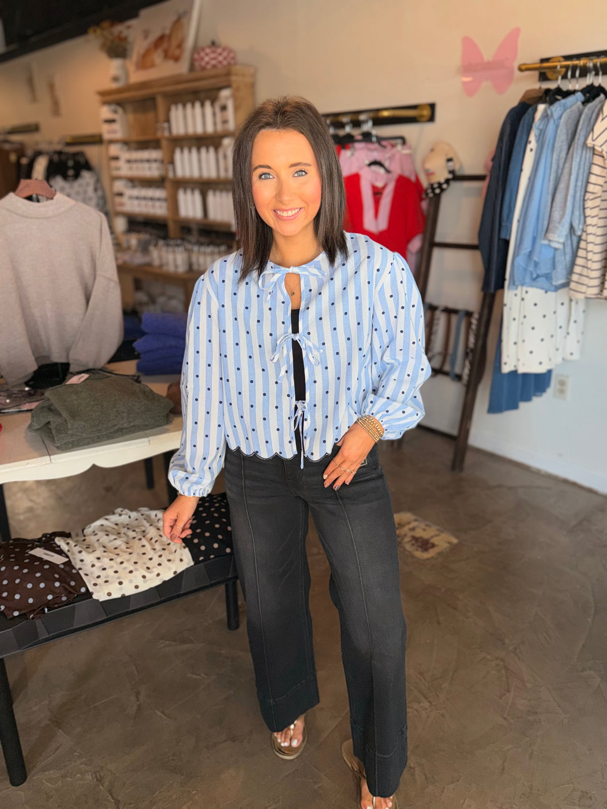 Dot Stripe Front Tie Blouse