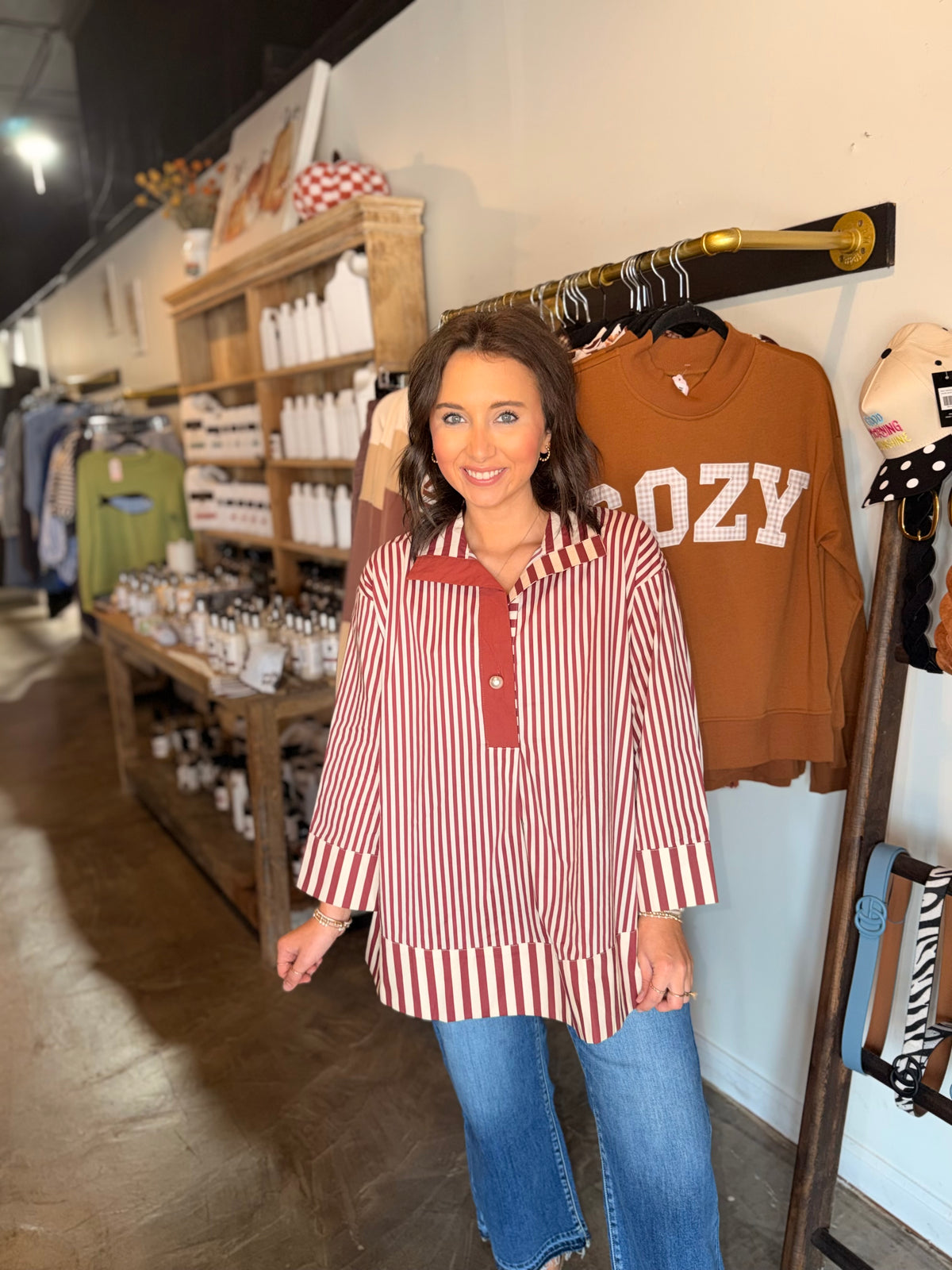 Pearl Button Wide Collar Stripe Blouse