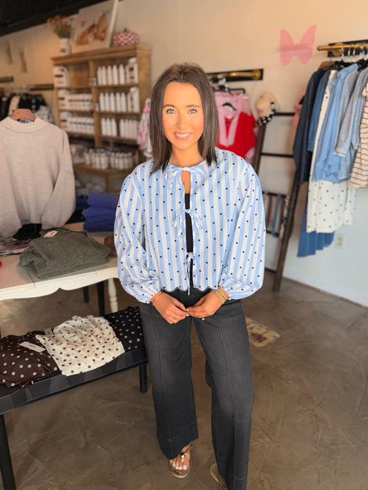 Dot Stripe Front Tie Blouse
