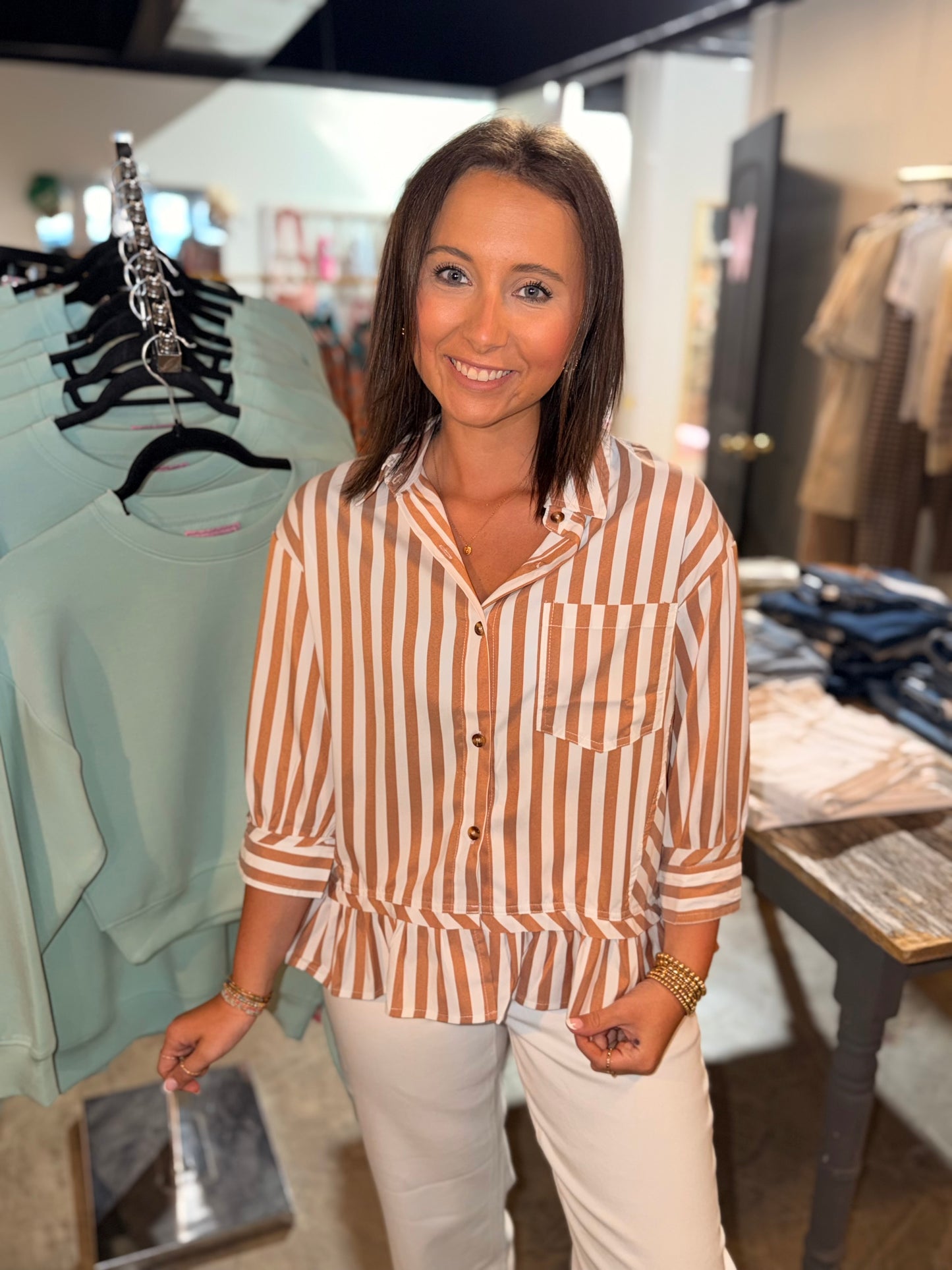 Neutral Ruffle Hem Blouse