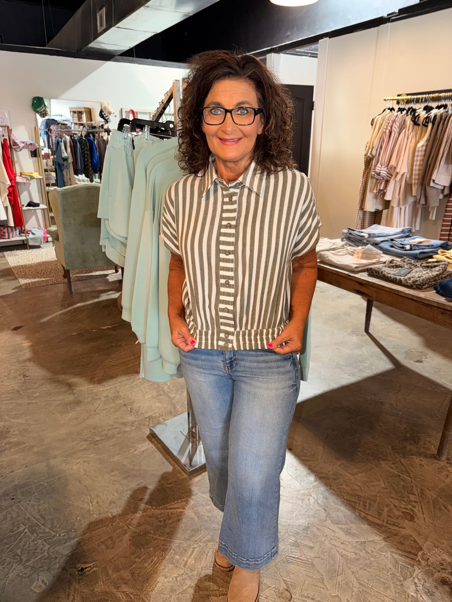 Crop Sage Striped Button Down
