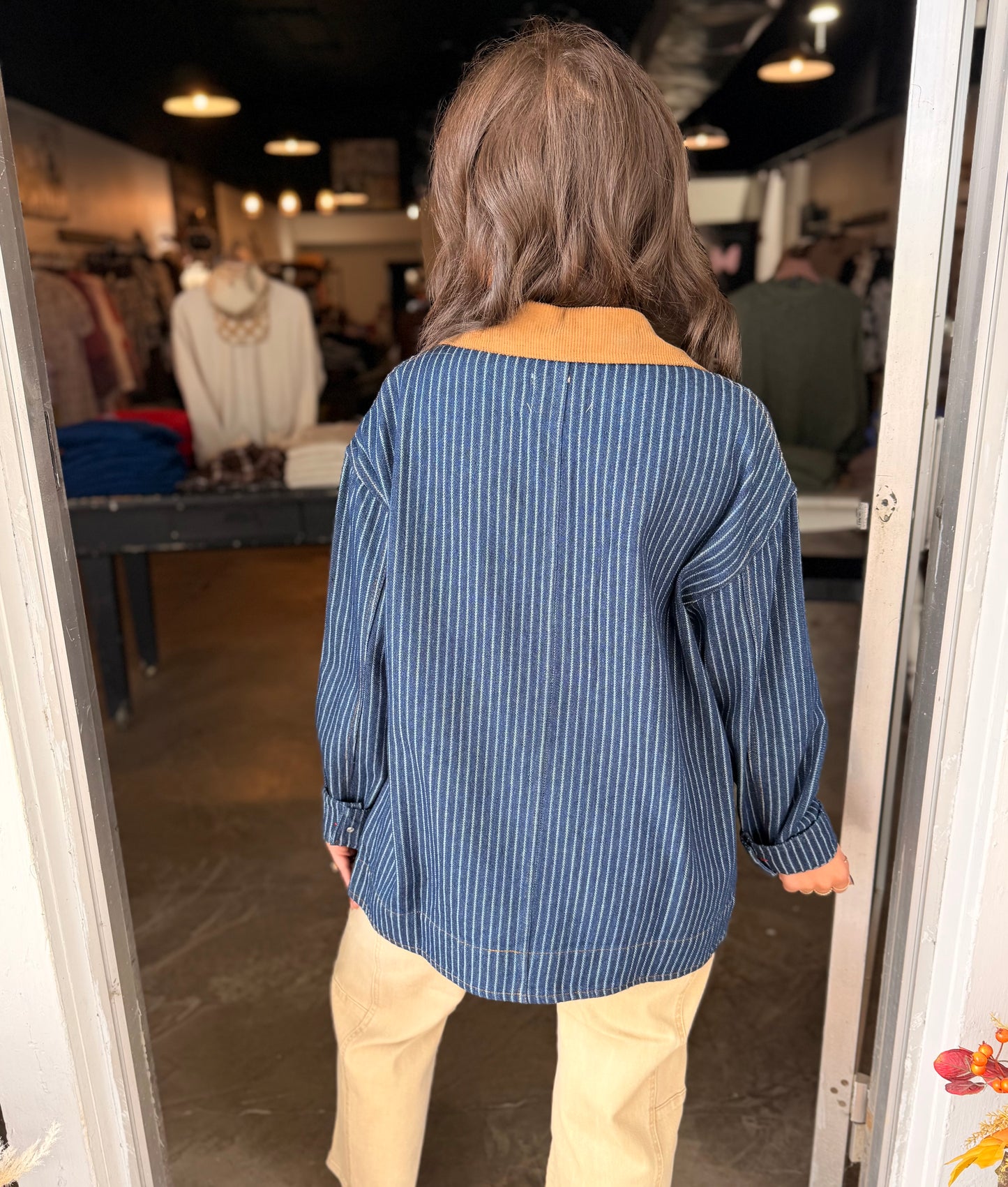 Stripe Corduroy Collar Denim Shacket