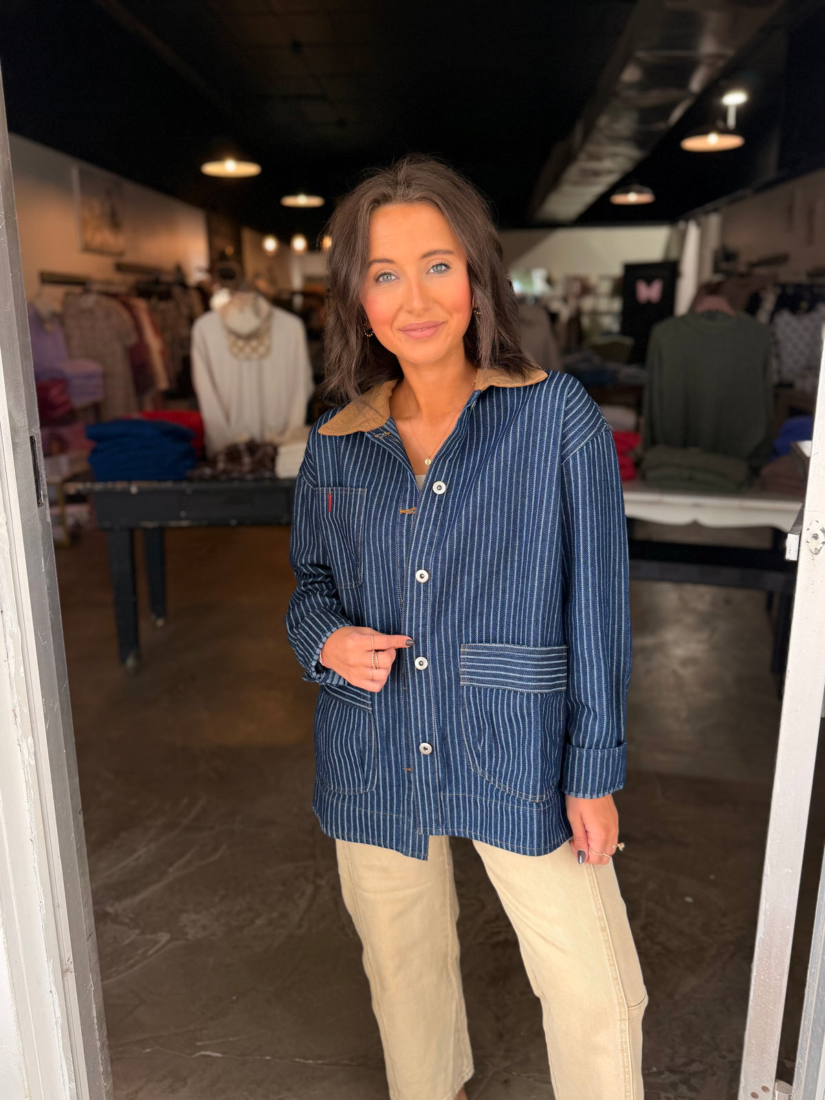 Stripe Corduroy Collar Denim Shacket