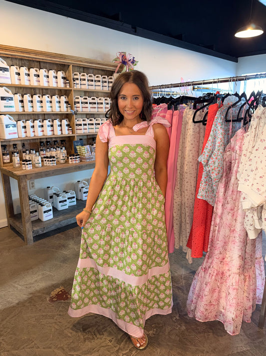 Tie Green & Pink Maxi Dress