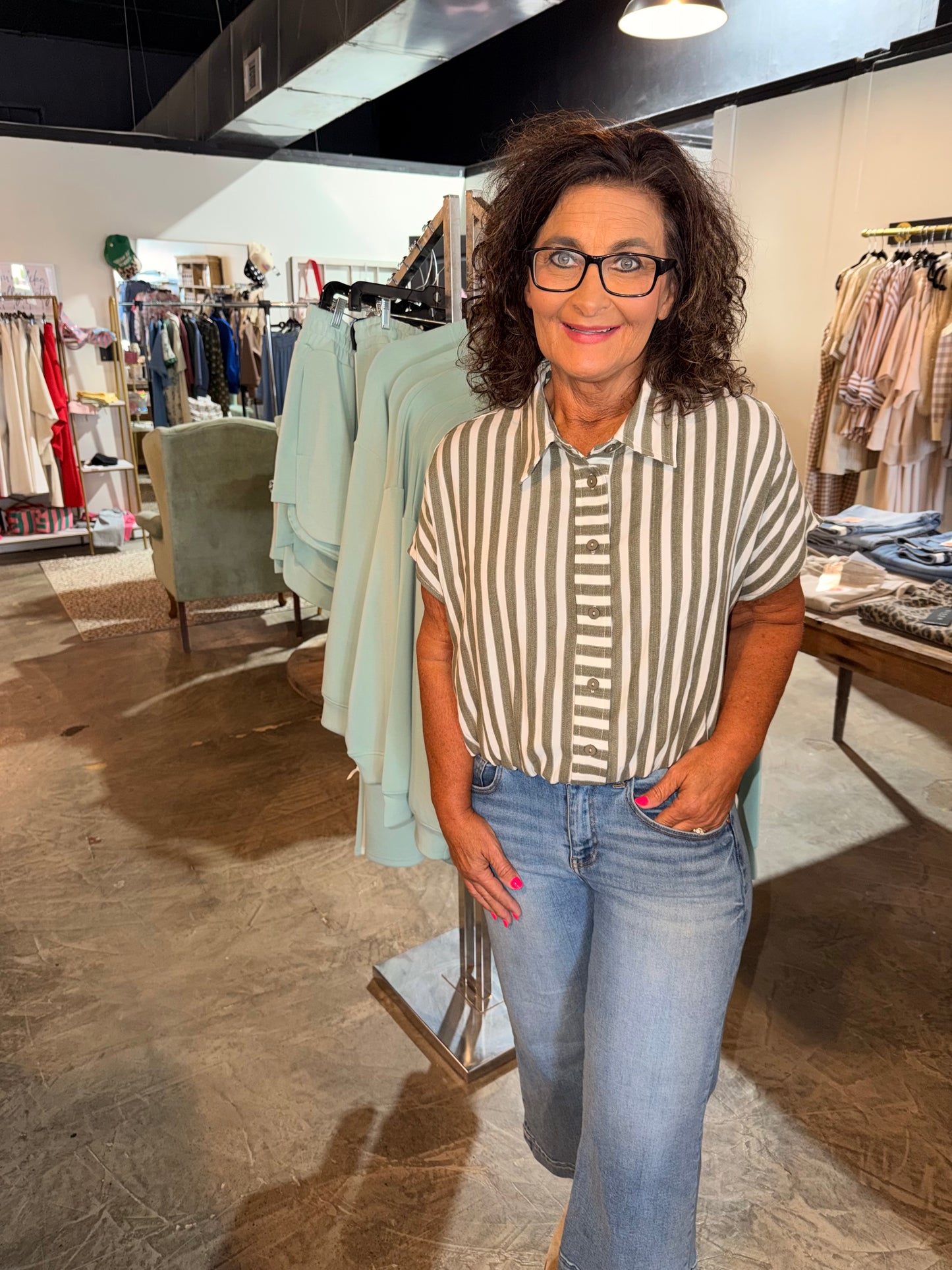 Crop Sage Striped Button Down