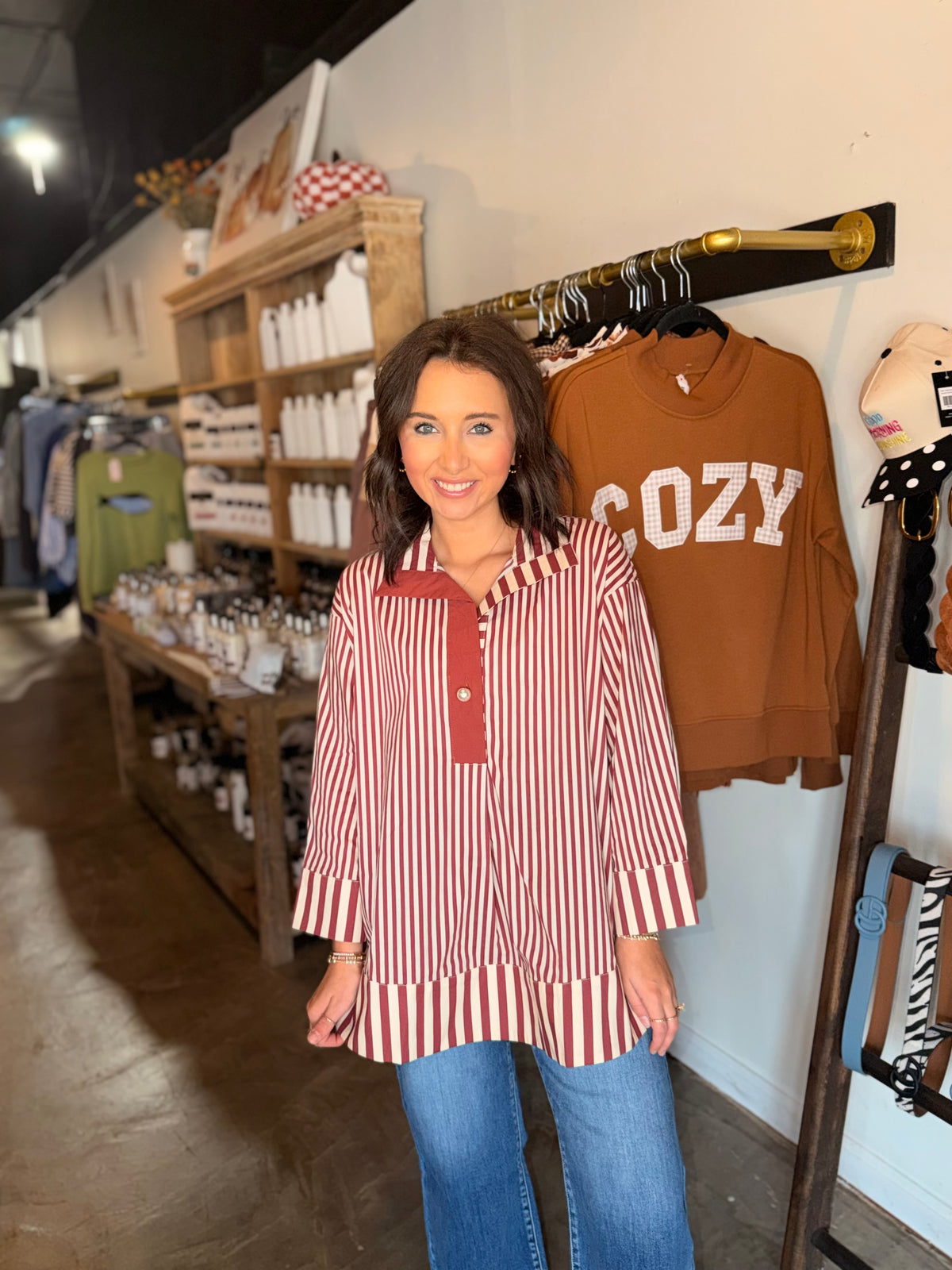 Pearl Button Wide Collar Stripe Blouse